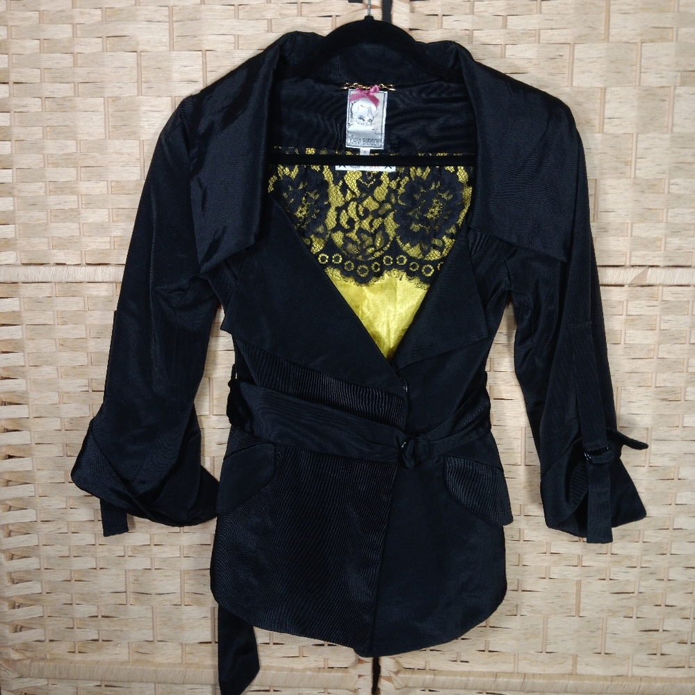 Yoana Baraschi Trench Black Jacket Roll Tab 3/4 Sleeve Cropped Small 2 4